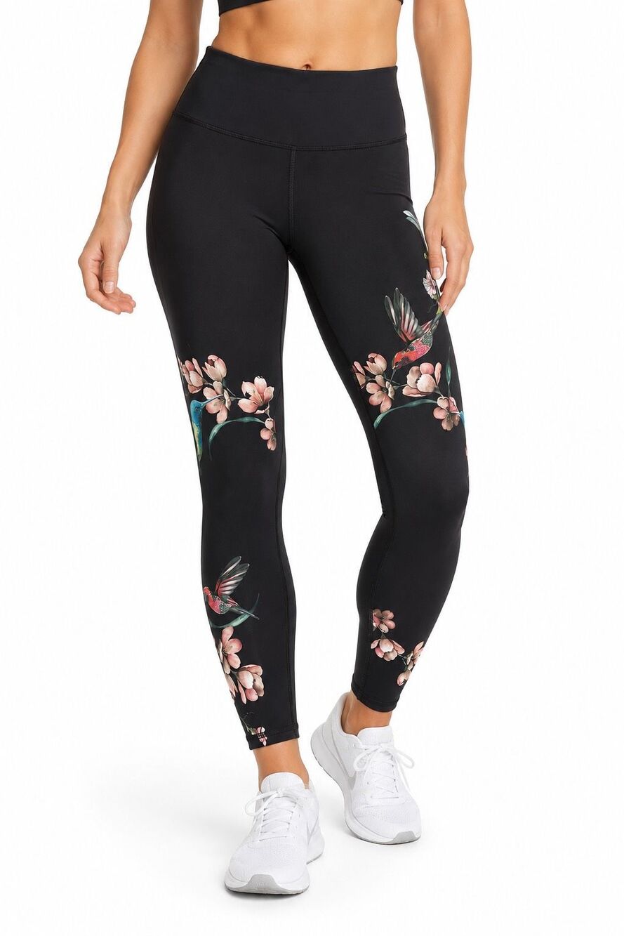 Evolution & Creation Black Floral Hummingbird High Rise Active Leggings Medium